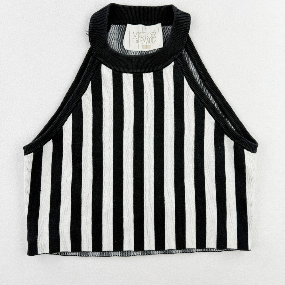 VICTOR GLEMAUD Broken Stripe Halter Top Size 6 Womens Black White RTR